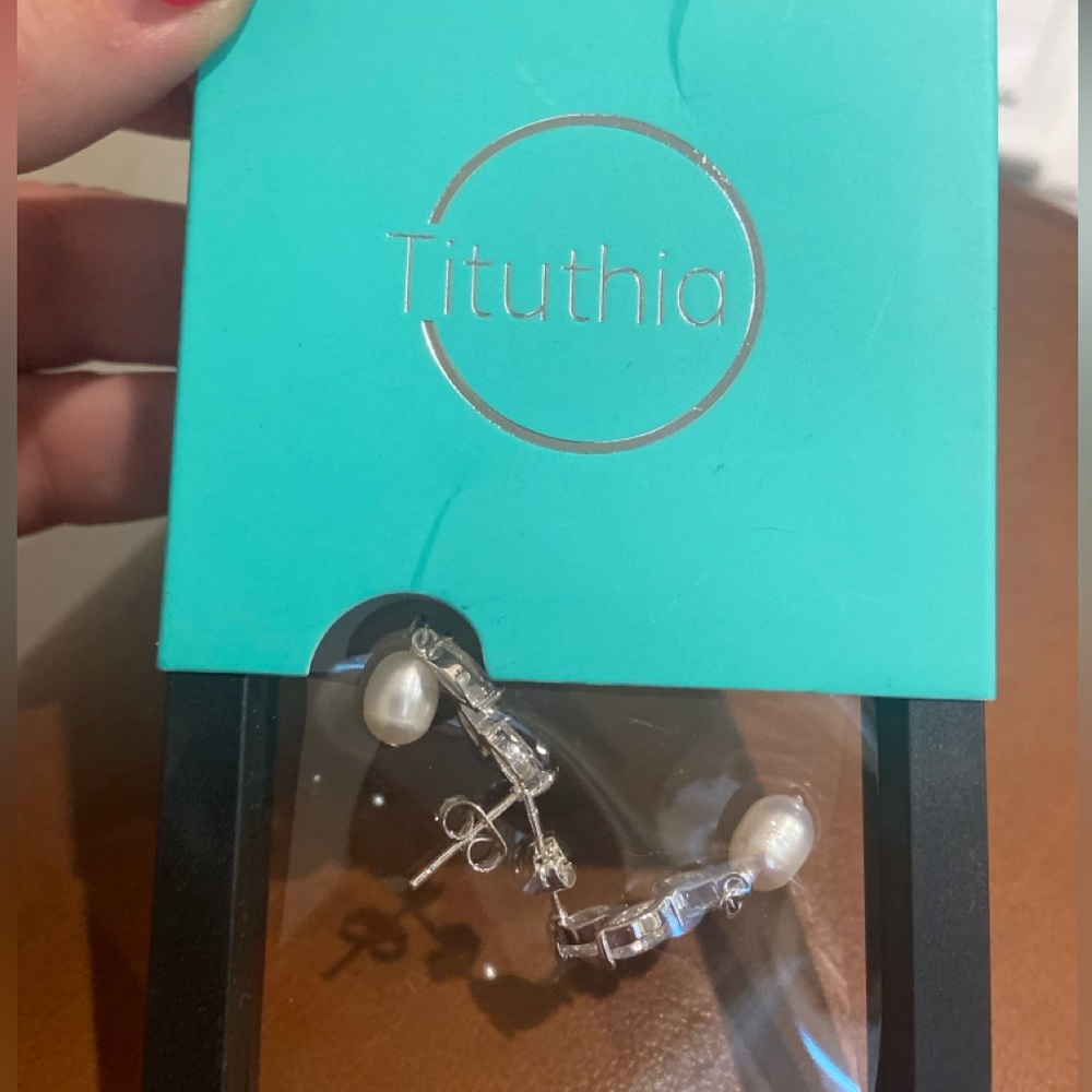 New! Tituthia Silver Rhinestone and Pearl Earrings
